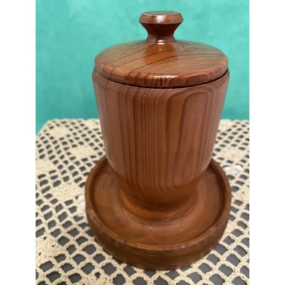 Antique Turned Maple Wood Lidded Cylindric Canister Lid Having Button Cap Finial